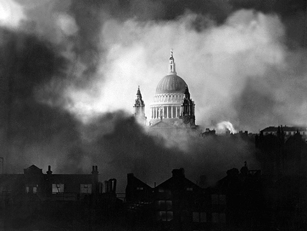 With fires burning all about it, St Paul's Cathedral is threatened with destruction
