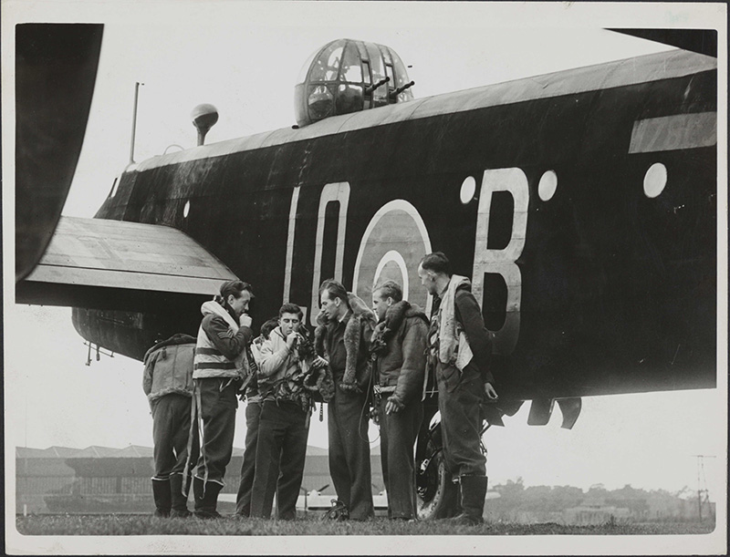 The crew of a Halifax bomber after raid on enemy. 