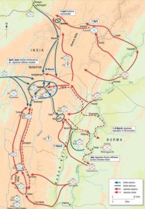 A map of the battle lines, Imphal and Kohima, 1944, during the Burma Campaign of WWII. This was deemed 'Britain's Greatest Battle' by Dr Robert Lyman. The British advance is represented by a blue arrow, while British defences are shown with a blue line. The Japanese advance is represented by a red arrow, while the latter's retreat is represented by a red, dotted arrow. Credit: Dr Robert Lyman