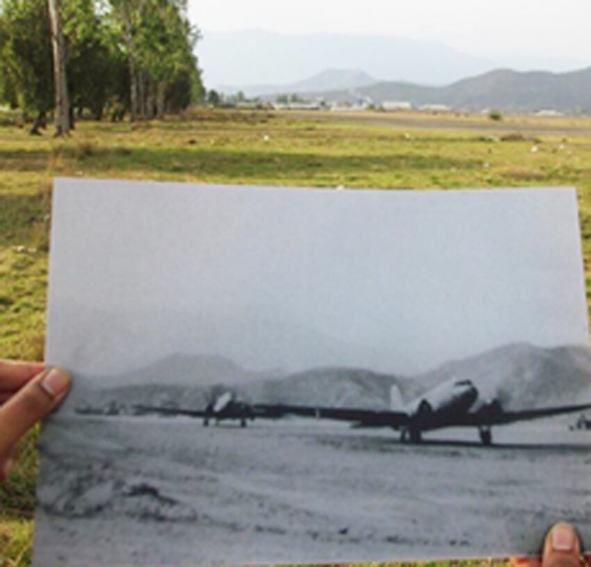 Imphal main airfield, in 1944 and 2017. The battles of Imphal and Kohima during the Burma Campaign of WWII have been described as 'Britain's Greatest Battle.' The image shows the airfield in 2017, with a photo of the airfield in 1944 held over the top.