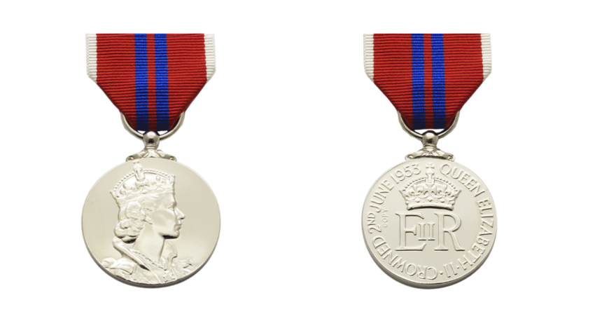 Front and reverse of 1953 Coronation Medal. Dark red ribbon with two dark blue stripes at the centre, and narrow white stripes at the edges.