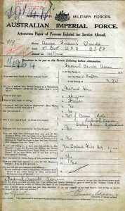 Frederick Aaron's WWI Australian Imperial Force service record. This is the front page, or attestation page, showing Frederick enlisted on 24 August 1914, joining the Australian Field Artillery. He was 26 years old and was born in Grafton, New South Wales. 
