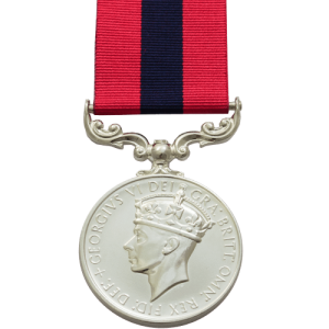 The Distinguished Conduct Medal (DCM) recognised acts of gallantry carried out by other ranks. Bars were awarded to the medal in recognition of the performance of further acts of gallantry meriting the award. Serjeant Darts earned his DCM during Operation Husky, the Allied invasion of Sicily. The ribbon has two red stripes, one on the left and one on the right, with a navy blue stripe down the centre of the ribbon. The round silver medal contains the effigy of the reigning sovereign, wearing a crown, i.e., King George VI, facing left.