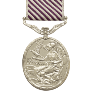 The Distinguished Flying Medal was a military decoration awarded to personnel of the Royal Air Force and the other services, and formerly also to personnel of other Commonwealth countries, below commissioned rank, for "an act or acts of valour, courage or devotion to duty whilst flying in active operations against the enemy." This includes acts of bravery during Operation Husky, the Allied invasion of Sicily. Medal description: An oval, silver medal, 35 mm wide and 41 mm long. The obverse shows a bareheaded effigy of the reigning sovereign, i.e.: King George VI, facing left. The reverse shows Athena Nike seated on an aeroplane, a hawk rising from her right arm above the words "FOR COURAGE," all within a laurel wreath. The ribbon consists of alternate violet and white stripes leaning 45 degrees to the left.