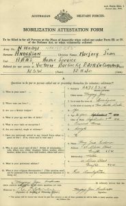 Attestation page from the service record of Australian nurse Marjory Jean Anderson. Service records are valuable sources for researching military nurses. Here we see Marjory's name, date and place of birth, the name and address of her next of kin and her occupation, in addition to her date and place of enlistment, the unit she joined and her army number. Marjory's signature is located in the bottom-right of the document.