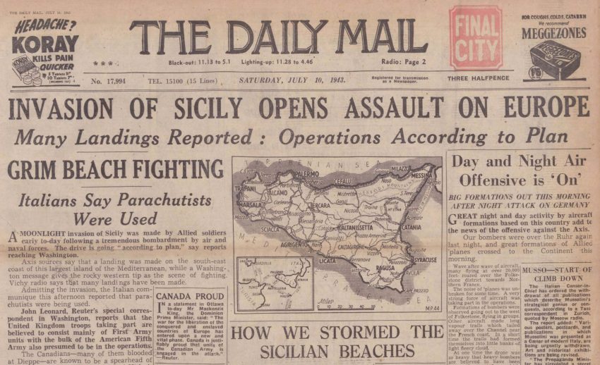 Front page of the Hull Daily Mail, dated 10 July 1943. The invasion commenced on the night of 9/10 July 1943. The headline reads: 'Invasion of Sicily Opens Assault on Europe.' The subheading reads: 'Many Landings Reported: Operations According to Plan.' There is also a map of the island of Sicily. The newspaper cost three halfpence.
