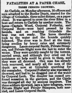 Article from The Long Eaton Advertiser and Ilkeston and Erewash Weekly News, 2 October 1886. The article outlines the events of the accident, with the headline 'Fatalaties at a Paper Chase'. © Newspapers.com