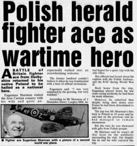 Newspaper article from the Derby Evening Telegraph, 11 November 1985. The headline reads 'Polish Herald fighter ace as wartime hero.' The article concerns Eugeniusz Szaposznikow, now known as Eugeniusz Sharman, formerly of 303 Squadron. Eugeniusz was given a hero's welcome when he visited Poland with his wife. 