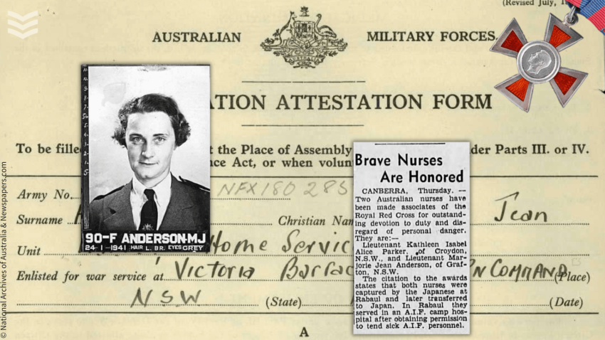 The cover image contains the attestation page from the WWII service record of Australian nurse Marjory Jean Anderson. Over the top are images of Marjory's Royal Red Cross medal, an extract from a newspaper article reporting that Marjory had been awarded the medal described above and a photo of Marjory in uniform, extracted from her service record. These are some of the records which can be used for researching military nurses.