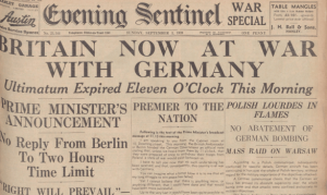 Evening Sentinel, 3 September 1939. The newspaper contains the headline: 'Britain now at war with Germany: Ultimatum expired eleven o'clock this morning'. © Newspapers.com