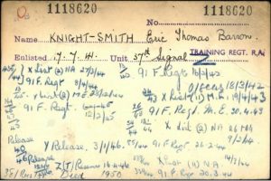 WWII Royal Artillery tracer card of Eric Thomas Barron Knight-Smith. The card indicates when Eric enlisted, his army number and the unit he joined. The card contains a large number of Royal Artillery units written in blue pencil. This is just one of the diverse WWII collections available on Forces War Records to help with researching WWII ancestors. ©The Royal Artillery Museum. 
