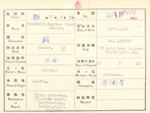 Charles Greenway, Japanese index card from the Allied Prisoners of War, 1939-1945 collection. The card is written in English, with Japanese symbols present on certain parts of the card. The cards provide information like name, date and place of birth, occupation, address, parents' names and military details like number, rank, unit and date and place of capture. Why not delve into the collection this VJ Day and see who you discover. © The National Archives