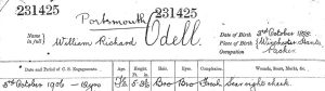 Extract from the Royal Navy Registers of Seamen's Services, 1848-1939 for sailor William Richard Odell. The extract shows the sailor's name, date and place of birth and occupation. His number and enlistment date on reaching 18 years old is also provided, in addition to his enlistment period. A physical description offers his height, hair and eye colour, complexion and any physical marks like tattoos or scars. This source contains many valuable clues for researching navy ancestors. © The National Archives