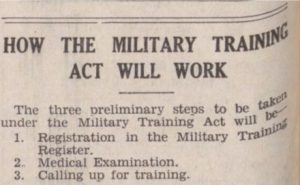 Extract from The North Devon Journal-Herald, 18 May 1939. The article headline reads: 'How the Military Training Act Will Work'. The body of the article states: 'The three preliminary steps to be taken under the Military Training Act will be -1. Registration in the Military Training Register. 2. Medical examination. 3. Calling up for training' © Newspapers.com