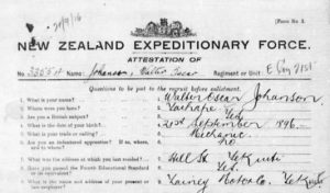Extract from the attestation page of Walter Oscar Johanson's NZEF service record. Walter's service record indicates that he was born on 21 September 1896, and he was employed as a mechanic. It also notes his place of birth and his address. Service records are a crucial source for researching an ancestor's military service. © Archives New Zealand