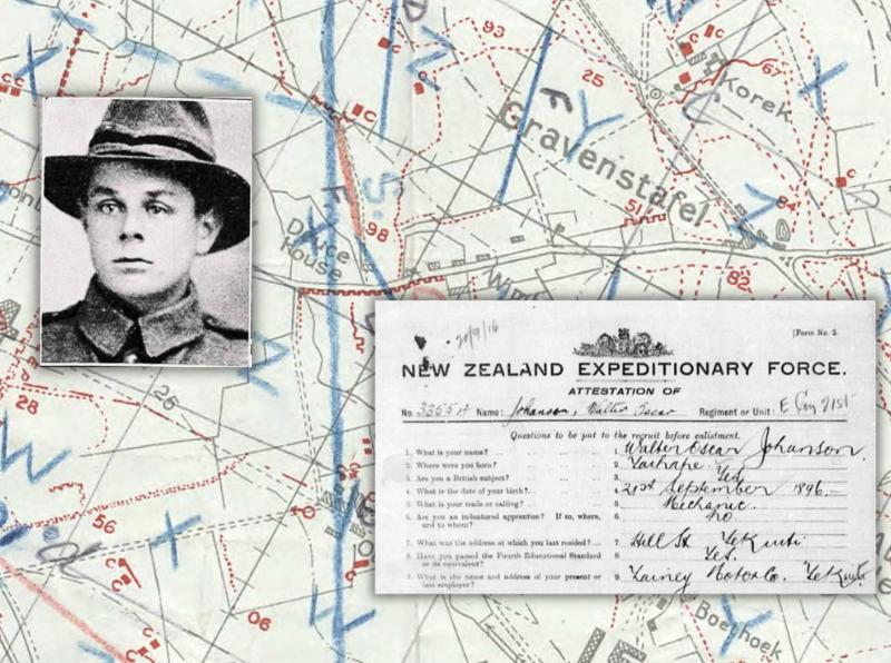 The image shows a trench map of the Western Front circa 1917, with the location of Gravenstafel in Belgium visible. This was the location of an attack by the New Zealand Division in October 1917. A photo of Walter in uniform is also present, in addition to an extract from the attestation page of his service record; the latter is a great source for researching an ancestor's military service. © Archives New Zealand (service record), The National Archives (trench map), Matt Wilcock (photo of Walter).