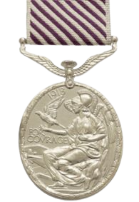 Distinguished Flying Medal. The medal is a silver oval, and the ribbon is made up of violet and white stripes running diagonally from the left. This is another valuable collection of WWII records, offering an insight into the bravery and heroism that led to the award of the medal. ©Bigbury Mint