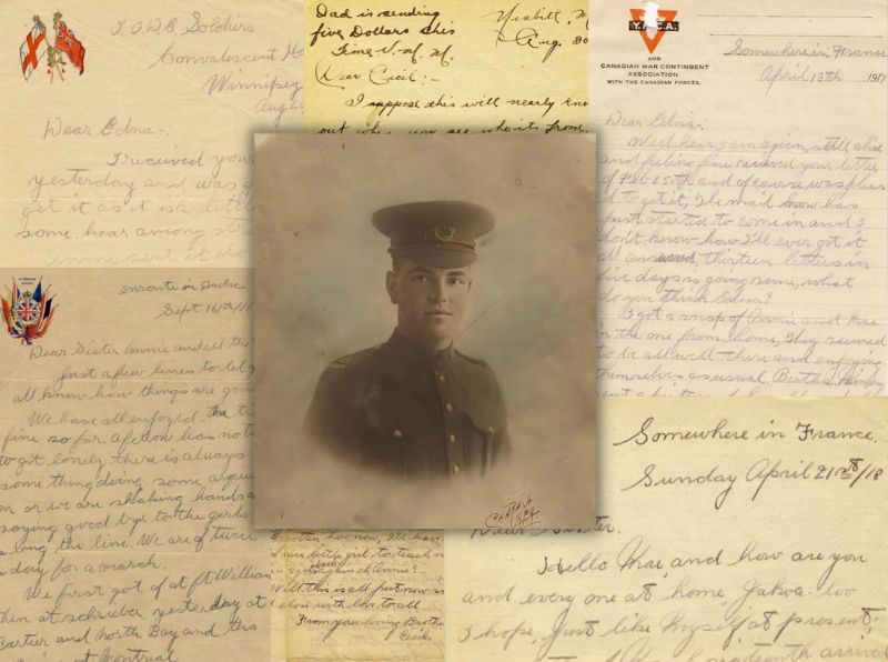 Cecil Minary in his Canadian Expeditionary Force uniform in front of a selection of his WWI letters. Some of the letters contain the Y.M.C.A. logo. Snippets of writing are visible, such as 'somewhere in France' or 'Dear sister Annie...'. Images provided by Kendra Minary.