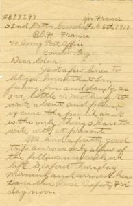 Cecil Minary letter, dated 6 February 1917, 'in France'. The image contains Cecil's number, battalion, and regiment and is addressed to his cousin Edna. Image provided by Kendra Minary for our 'Letters from my ancestor' blog. 