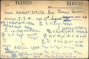 WWII Royal Artillery tracer card of Eric Thomas Barron Knight-Smith. The card indicates when Eric enlisted, his service number and the unit he joined. The card contains the names of the Royal Artillery regiments that Eric served with, written in blue pencil. This is just one of the diverse WWII records available on Forces War Records to help with researching WWII ancestors. ©The Royal Artillery Museum.