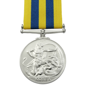 Round silver medal. The reverse, which is displayed, depicts Hercules, armed with a dagger, with his left arm out horizontally holding Hydra, which he is also holding off with his left leg, with 'Korea' printed on the bottom. The ribbon consists of five vertical stripes in alternating yellow and blue, the latter representing the United Nations. Medal collections are an important part of our National Service Records. © Bigbury Mint