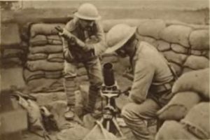 Portuguese soldiers with a Stokes mortar in a front-line trench during WWI. Two soldiers surrounded by sandbags are seen loading a shell into the Stokes Mortar. Found in our Historical Documents Library, containing many useful magazines, journals and books to help you research your ancestor's military service. Publisher: The Amalgamated Press Ltd.
