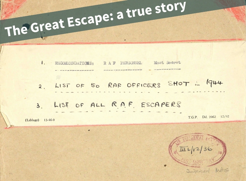 The image is the cover of a file from our WWII, Allied Prisoners of War, 1939-1945 collection. In addition to POW records, the collection also contains reports. The file relates to the real Great Escape, when 76 Allied airman broke out from the German POW camp Stalag Luft III on the night of 24/25 March 1944. The cover of the file reads: 'List of 50 RAF officers shot in 1944' and 'List of all RAF Escapers'. This is a valuable collection for researching the real Great Escape and any ancestors who were prisoners of war in WWII. © The National Archives