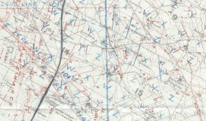 The image shows a trench map of the Western Front circa 1917, with the location of Gravenstafel in Belgium visible. This was the location of an attack by the New Zealand Division in October 1917. The maps are divided into a grid to help determine exact positions. Red and blue pencils are used to denote Allied and enemy trenches. Trench maps are a great source for researching an ancestor's military service, helping you visualise where they served on the battlefields. ©The National Archives.