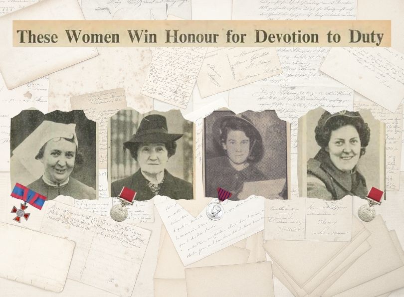 Four inspiring women's stories from WWII. The image shows the four women featured in this blog, accompanied by the medals they were awarded: Effie Townend (Royal Red Cross Second Class), Margaret Cangley (British Empire Medal), Charity Bick (George Medal) and Margaret Mary Johnson (British Empire Medal).