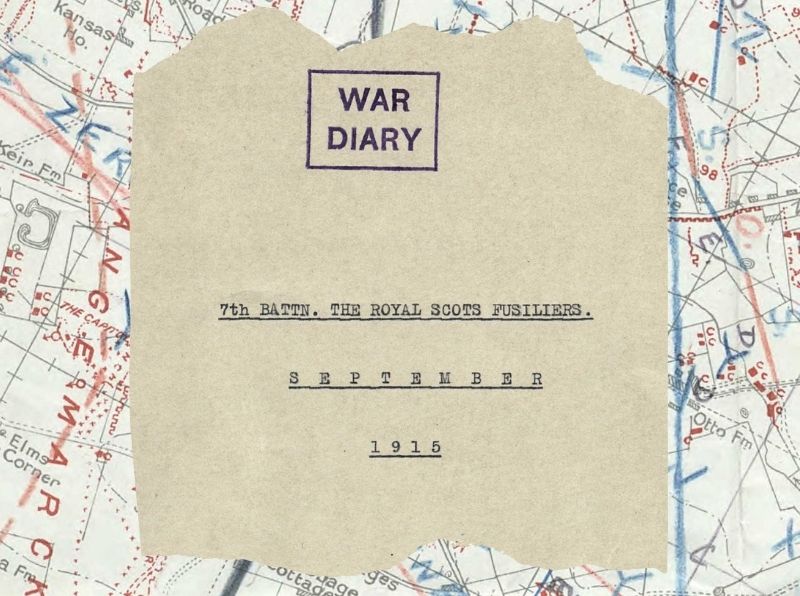 The background of the image is a WWI trench map taken from a British Army WWI war diary for the Gravenstafel area in Belgium. In front of it is the cover page of the war diary of the 7th Battalion Royal Scots Fusiliers for September 1915. WWI war diaries are organised into monthly files and contain detailed contextual information to help you understand what your ancestor's battalion or unit was experiencing on a particular day during WWI. © The National Archives