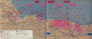 A map depicting the coast of Normandy and the five beaches targeted by the Allies on D-Day; Utah, Omaha, Gold, Juno and Sword. The map shows the different Divisions and Brigades of the British 2nd Army and their progress inland, using arrows, on D-Day. A programme of events will take place in Normandy to mark D-Day 80. Publisher: Purnells. Available in our Historical Documents Library. 
