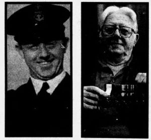 Two photos of Ronald McKinlay, one taken during WWII and the other in 1995. Ronald ended up on the wrong beach during the Normandy landings. The image on the left shows Ronald in his Royal Navy uniform, while on the right, he is in civilian clothing, wearing his medals. © Newspapers.com