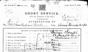 Attestation page from a WWI British Army service record. The soldier's name, regiment and number are recorded. In addition, the record provides his address, occupation, age, marital status and whether he had any previous military service before enlisting. © The National Archives.