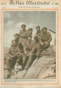 Front cover of War Illustrated magazine, 30 April 1943, available to view in our Historical Documents Library. The colour front cover shows a group of British soldiers sitting atop a tank in the North African desert in 1943. 