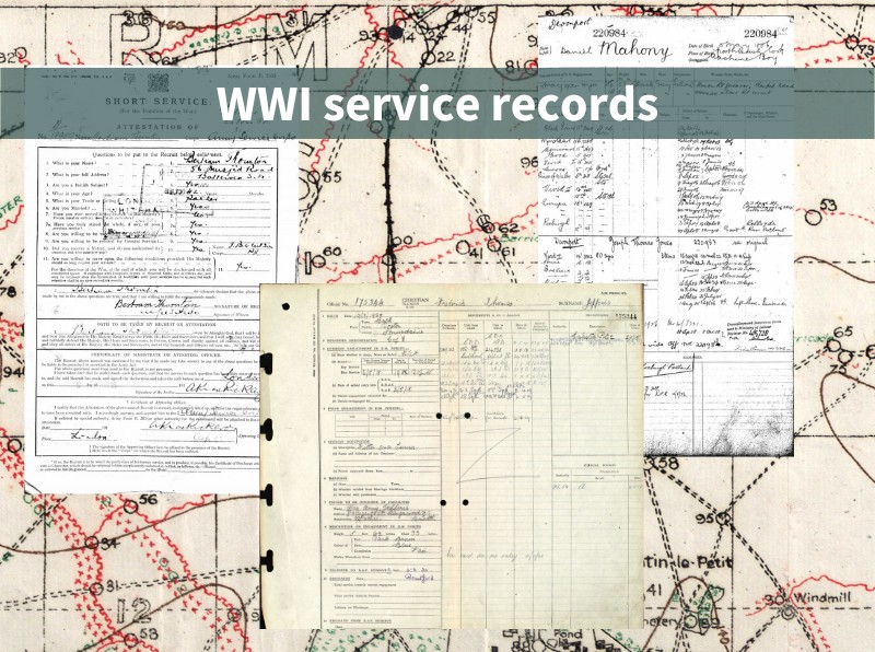 WWI service records. The image shows the WWI service records of the British Army, the Royal Navy, and the Royal Air Force. © The National Archives