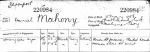 A Royal Navy service record for a rating who served during WWI. This part of the record shows the sailor's name, number, and enlistment date, in addition to their date and place of birth and their trade. A physical description is provided, including any tattoos. This sailor had a tattoo of a woman on his right forearm and clasped hands and a woman above his right wrist. © The National Archives