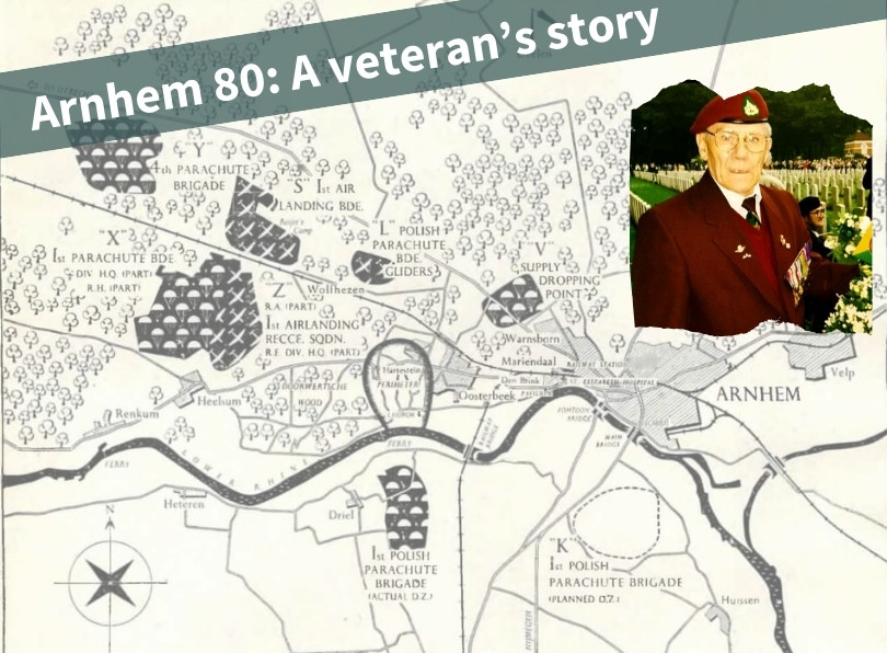 Battle of Arnhem map from our Historical Documents Library and photo of veteran George Matthews.