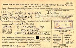 WW2 army medal card for Private Spencer, who served with the Parachute Regiment. He was entitled to the 1939-1945 Star, the Africa Star, the Italy Star, the France and Germany Star, the Defence Medal and the War Medal. The card also indicates he was discharged medically on 5 October 1945. The cards contain useful clues for researching our military ancestors during WW2. ©The National Archives