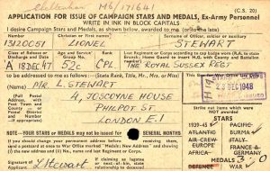 WW2 army medal card for Corporal Lionel Stewart of the Royal Sussex Regiment. His medal entitlement indicates that he was eligible for the Burma Star. The card also states that he was discharged on 18 December 1947. ©The National Archives