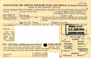 Example of a redacted WWII army medal card. The applicant's address and signature have been redacted. ©The National Archives