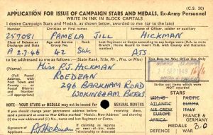 Medal card for Pamela Jill Hickman of the Auxiliary Territorial Service. The image shows Pamela's details, such as her number, rank, and regiment. These clues are useful for researching military ancestors. It also contains her address, which can help you confidently identify an ancestor in the records. Pamela was entitled to the Defence Medal, War Medal and the France and Germany Star. © The National Archives