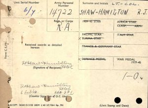 A receipt is occasionally stapled to the back of the WW2 army medal cards. This receipt indicates that Lieutenant-Colonel R.J. Shaw-Hamilton Received his 1939-1945 War Medal. The receipt contains the person's number, regiment and signature. © The National Archives