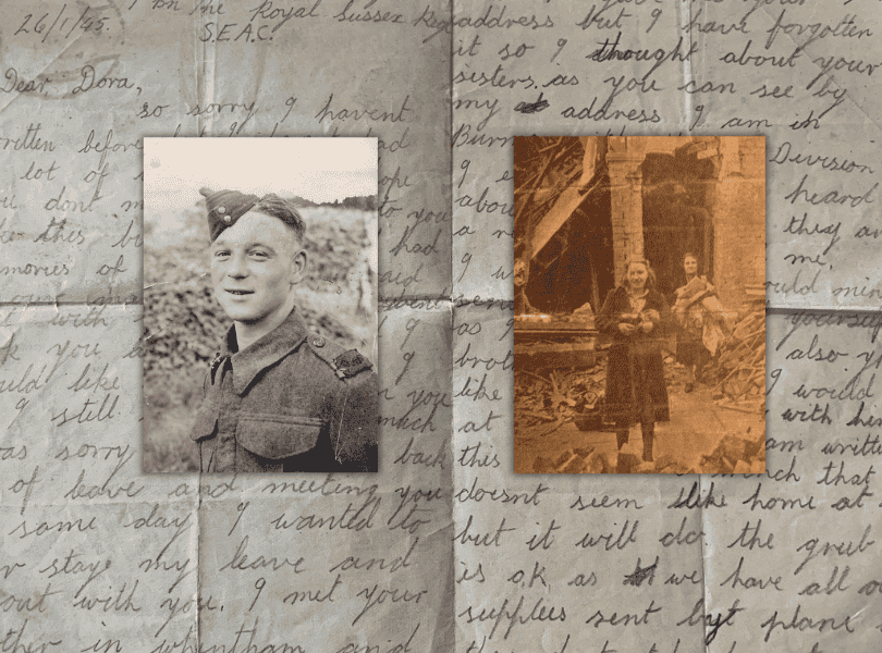 Jo's letter to Dora, a photo of John Merritt Wentworth in British Army uniform and a newspaper cutting showing Dora and her mother in front of their bombed-out home during the Blitz. Images provided by Rob Pike and Jo Element.