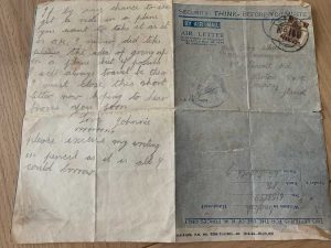 Part 2 of John's letter to Dora. On the right-hand side of the letter, John has recorded Dora's address as 'Miss Dora Wheeler, care of Mrs Osborne, 39 Pincott Road, Merton, S.W.19, London, England'. Image provided Jo E. 