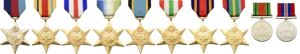 1939-45 Star, Atlantic Star, Air Crew Europe Star, Africa Star, Pacific Star, Burma Star, Italy Star, France and Germany Star, Defence Medal, War Medal, as detailed on the WW2 army medal cards. ©Bigbury Mint