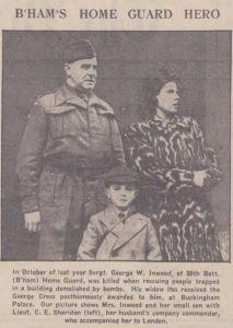 The Birmingham Mail, 16 October 1941. The article relates to the posthumous award of the George Cross to a member of the Home Guard who was killed rescuing people trapped in a building. His widow and son travelled to Buckingham Palace with his company commander to receive the award. © Newspapers.com