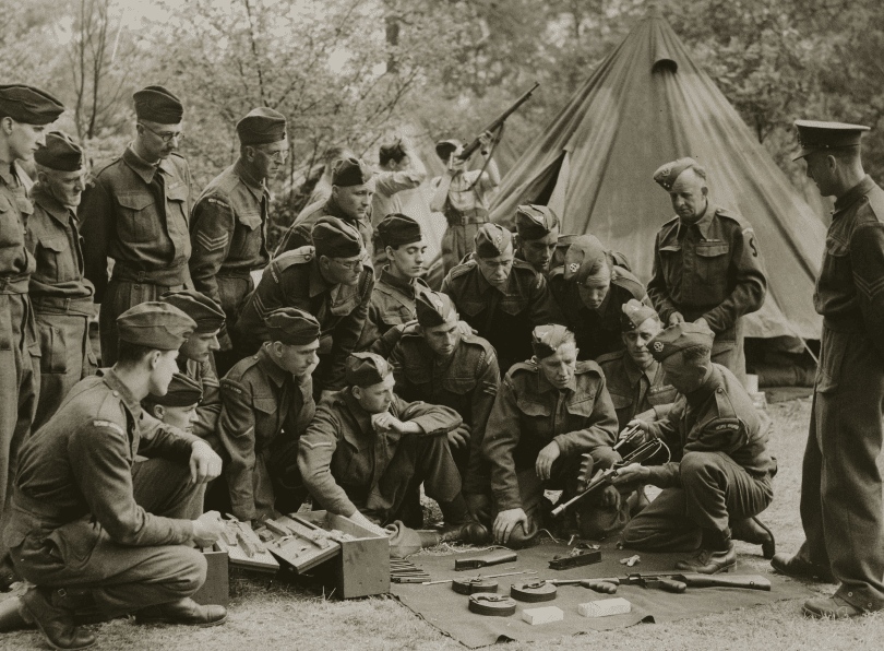 Members of the Home Guard at a camp in July 1941 learn how a Tommy Gun is constructed. The image shows a group of uniformed Home Guard members crouched and standing around an instructor who is holding parts of the weapon. Other parts of the weapon are spread on a blanket on the floor. Images are a great source for researching military ancestors, including Home Guard ancestors. © Hulton Archive/Getty Images